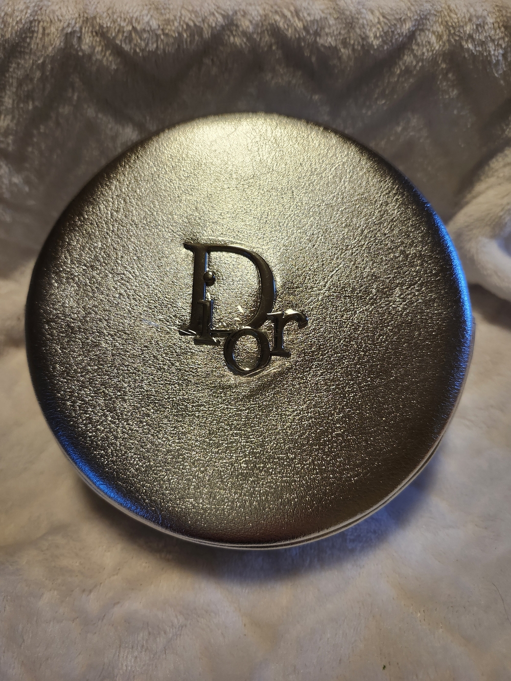 Dior Metallic Silver Round Zip Top Case WITH DIOR PRODUCT SAMPLES